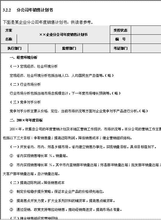 分公司年销售计划书格式Word模板