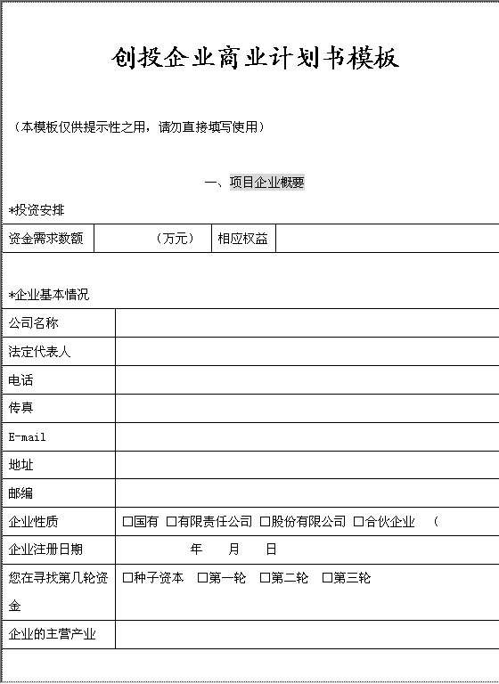 创投企业商业计划书Word模板