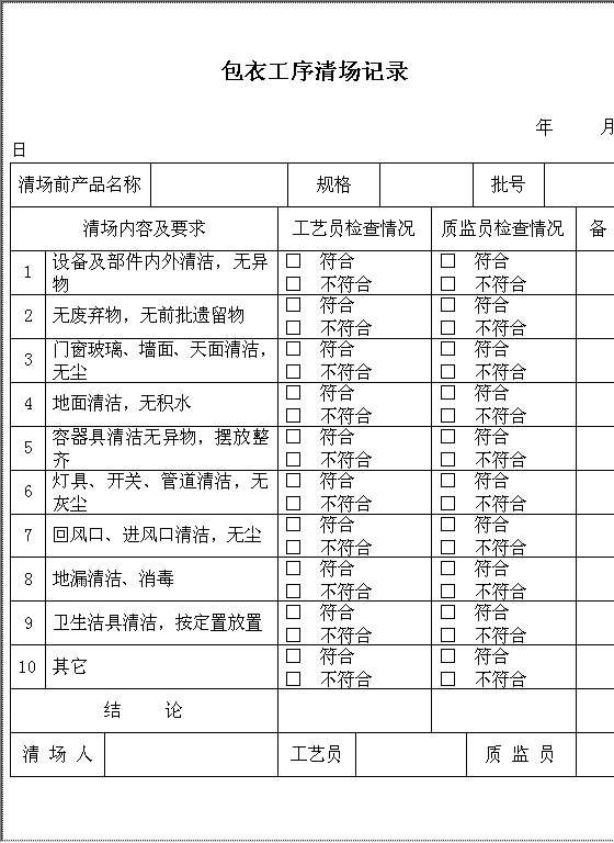 包衣工序清场记录Word模板