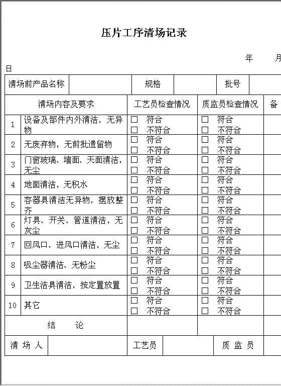 压片工序清场记录Word模板