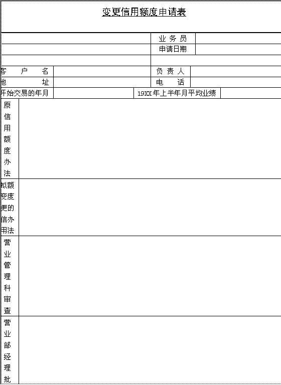 变更信用额度申请表Word模板