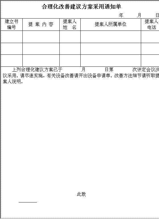 合理化改善建议方案采用通知单Word模板