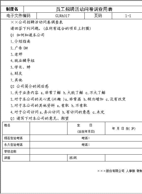 员工招聘活动问卷调查用表Word模板