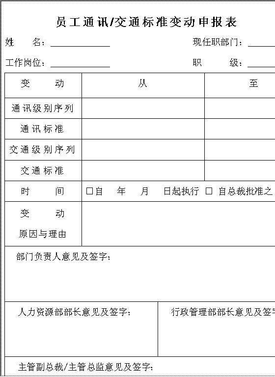 员工通讯交通标准变动申报表Word模板