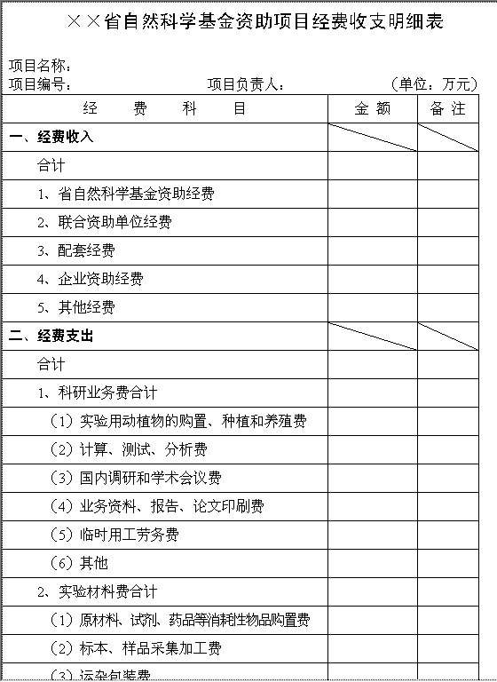 基金资助项目经费收支明细表Word模板