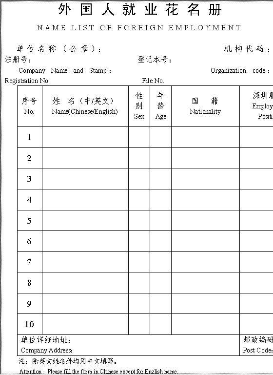 外国人就业花名册Word模板