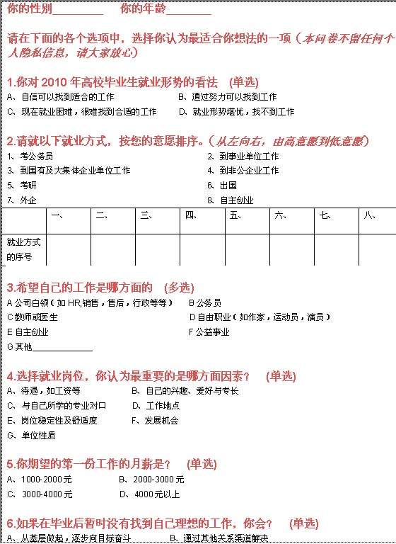 大学生择业问卷表格档Word模板