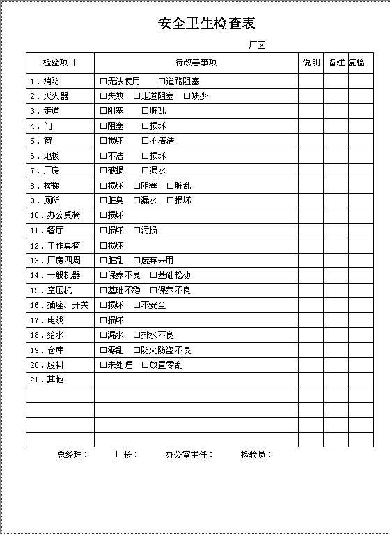 安全卫生检查表Word模板