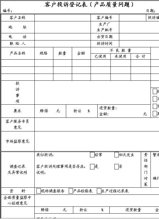 客户投诉登记表质量问题Word模板