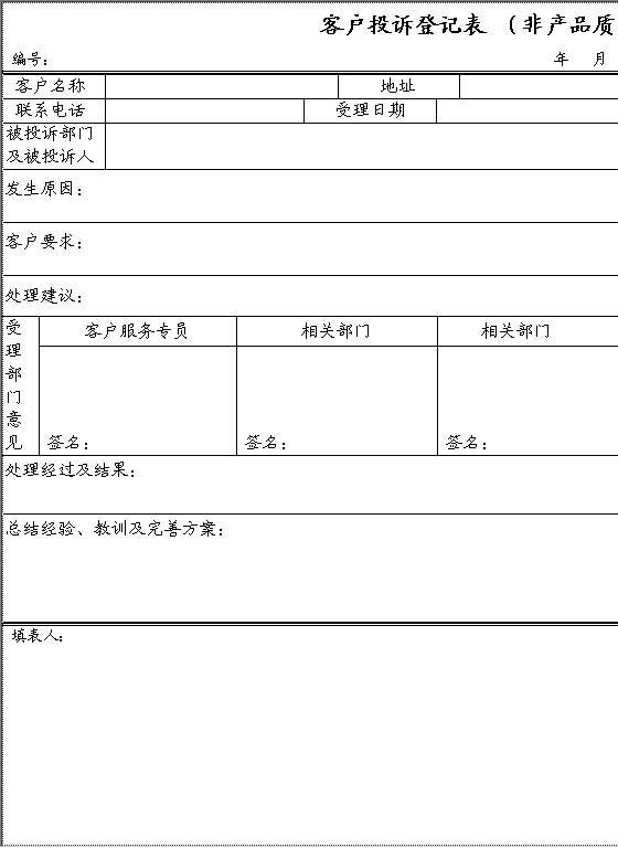 客户投诉登记表非质量问题Word模板