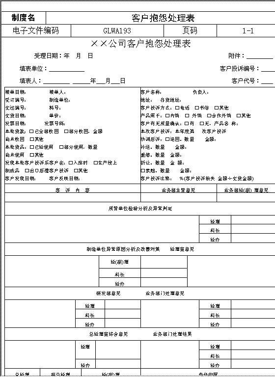 客户抱怨处理表Word模板