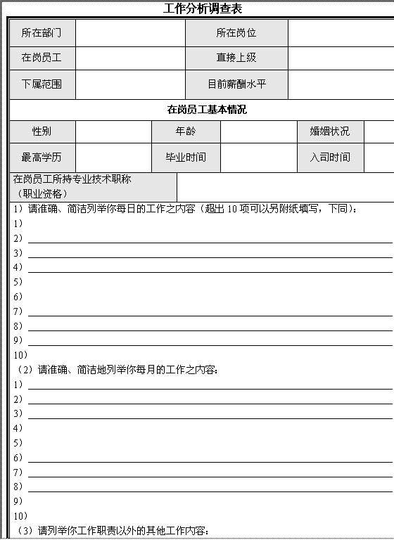 工作分析调查表模板Word模板