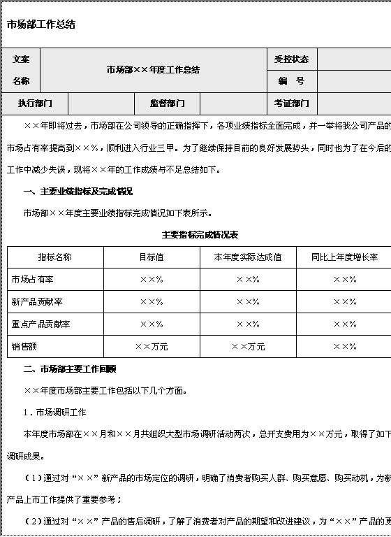 市场部工作总结Word模板