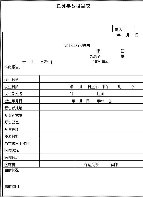 意外事故报告表Word模板