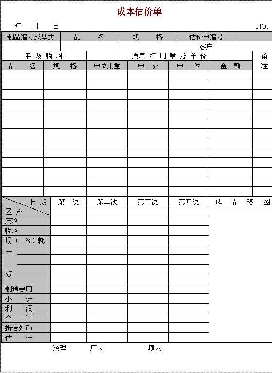 成本估价单Word模板