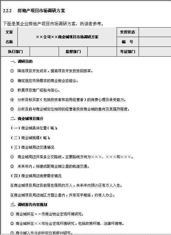 房地产项目市场调研方案Word模板