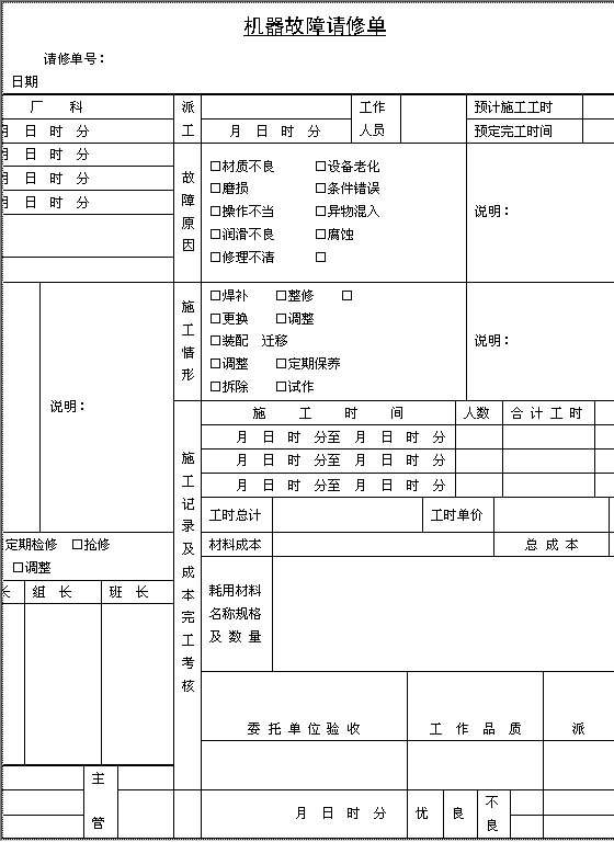 机器故障请修单Word模板