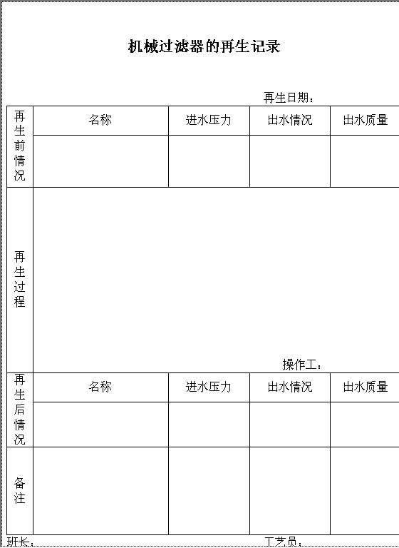 机械过滤器的再生记录Word模板