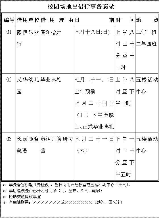 校园场地出借行事备忘录Word模板