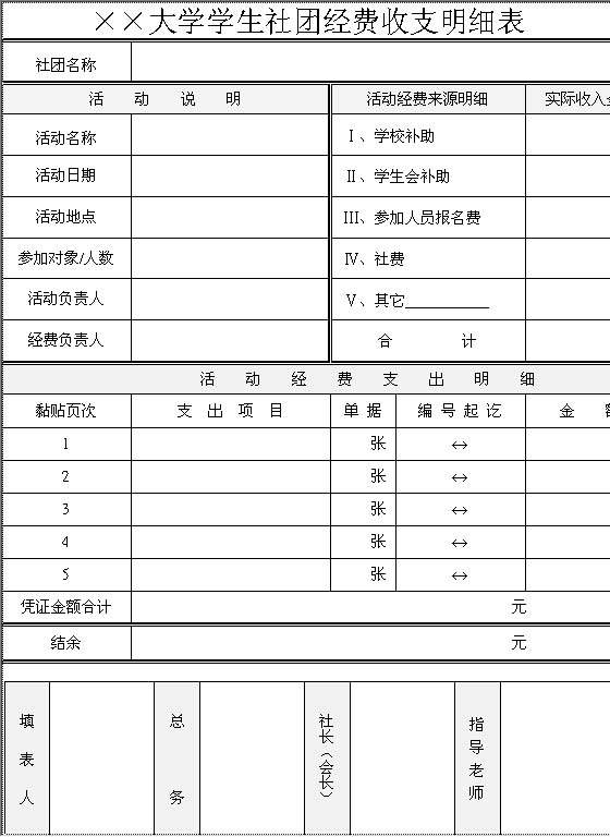 社团经费收支明细表Word模板