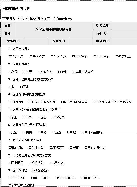 网络购物调查问卷格式Word模板