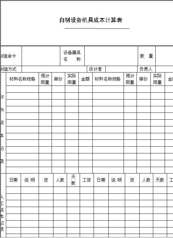 自制设备机具成本计算表Word模板