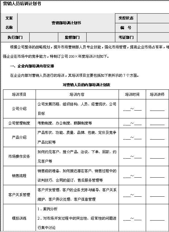 营销人员培训计划书Word模板