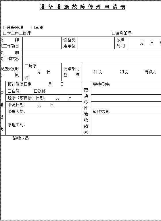 设备设施故障修理申请表Word模板