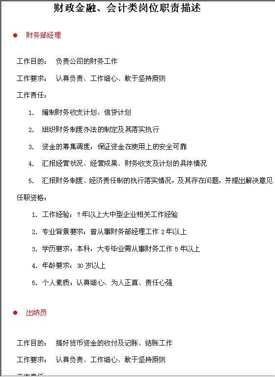 财政金融、会计类岗位职责描述Word模板