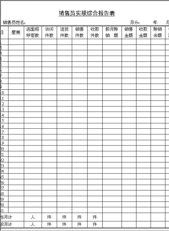销售员实绩综合报告表Word模板