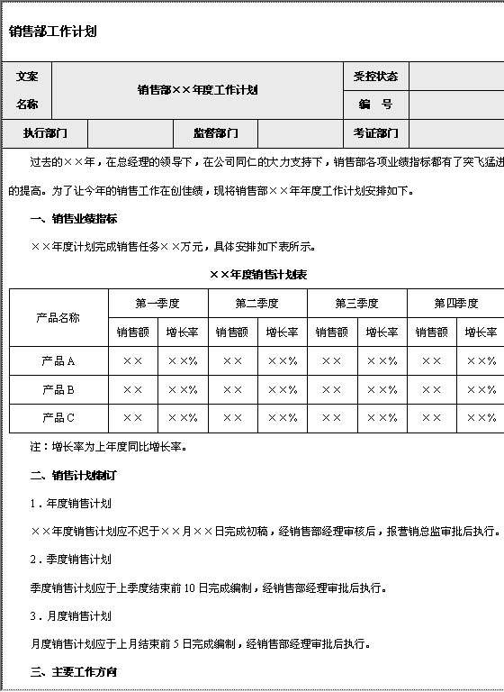 销售部工作计划Word模板