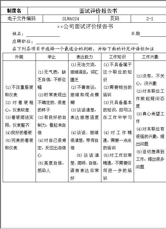 面试评价报告书Word模板