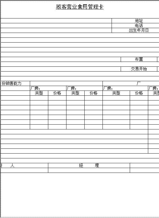 顾客营业食用管理卡Word模板