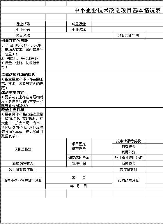 中小企业技术改造项目基本情况表Excel模板