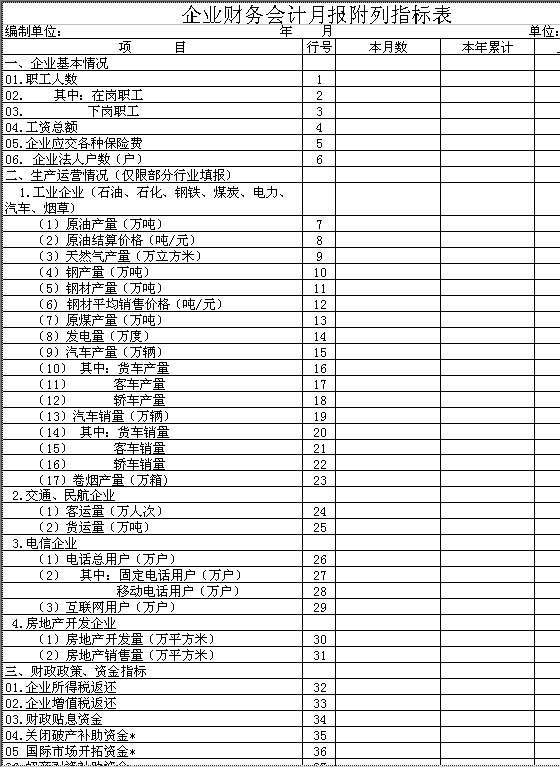 企业财务会计月报附列指标表Excel模板