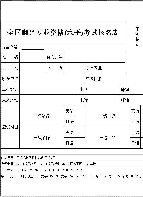 全国翻译专业资格（水平）考试报名表Excel模板