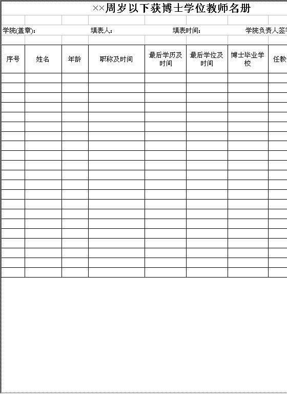 全院XX岁以下教师获博士学位的教师名册Excel模板