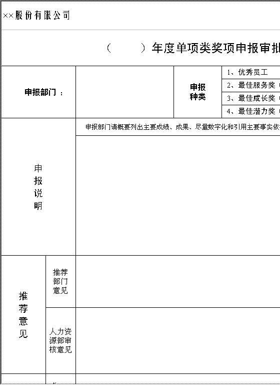 公司年度奖项申报审批表Excel模板