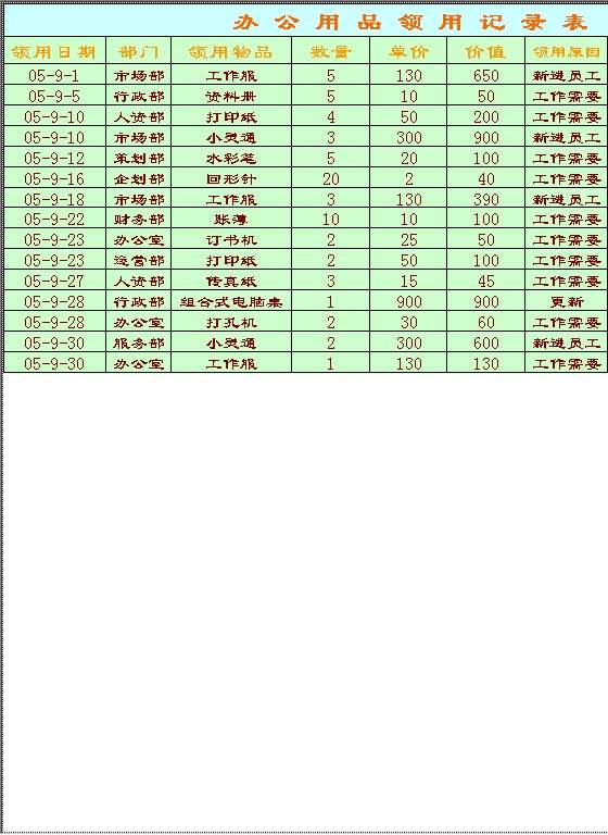 办公用品领用记录表Excel模板