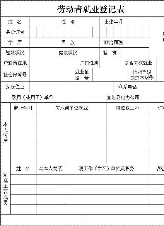 劳动者就业登记表Excel模板