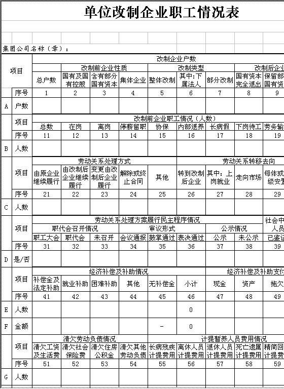 单位改制企业职工情况表Excel模板