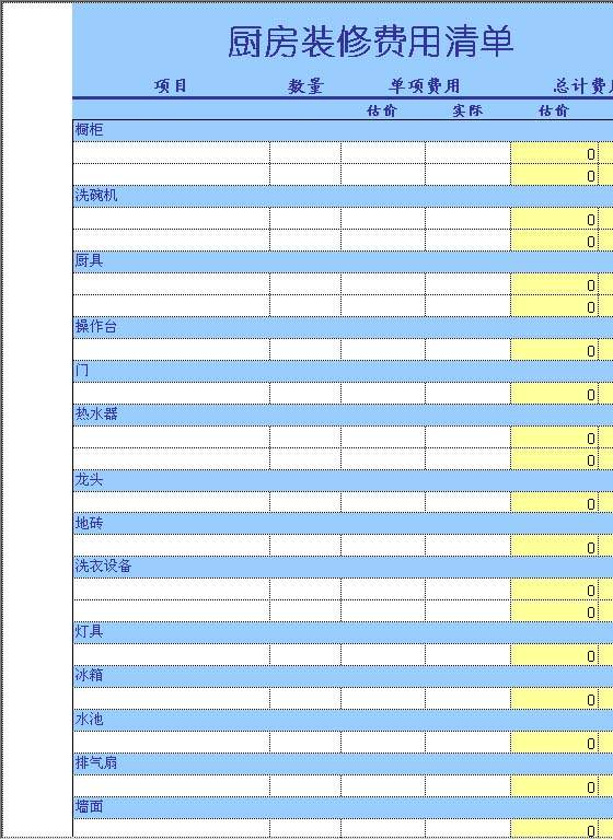 厨房装修费用清单Excel模板