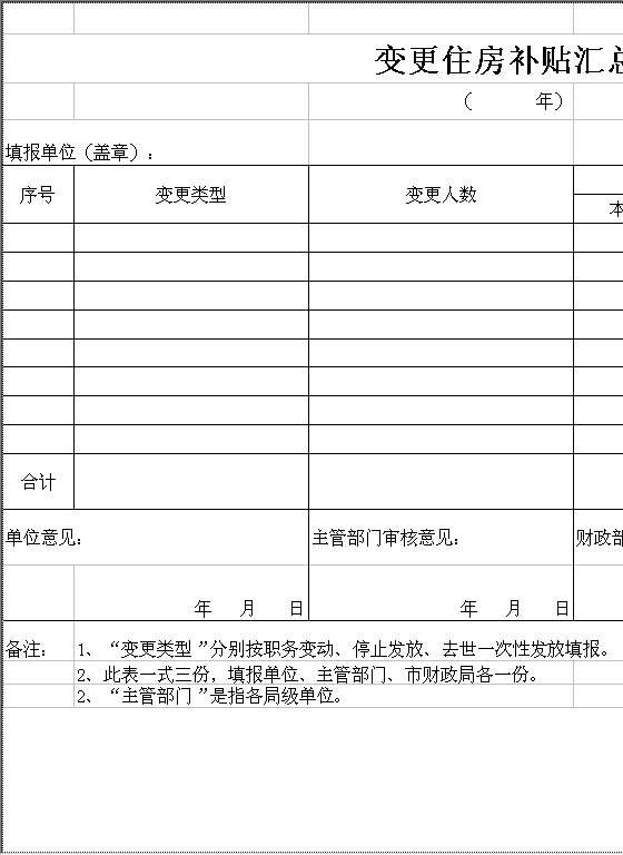 变更住房补贴汇总表Excel模板