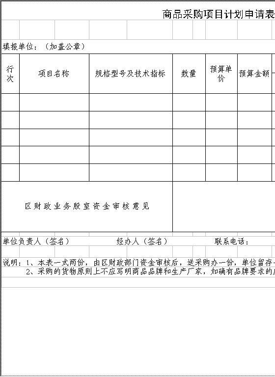 商品采购项目计划申请表Excel模板