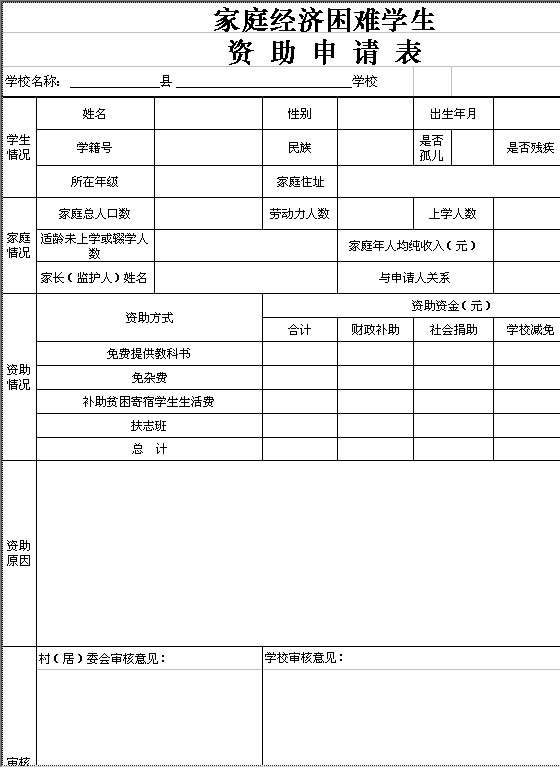 困难学生资助申请表Excel模板