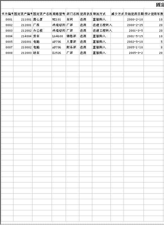 固定资产卡片Excel模板