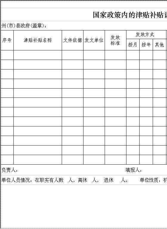 国家政策内的津贴补贴调查表Excel模板