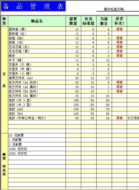 备品管理表Excel模板