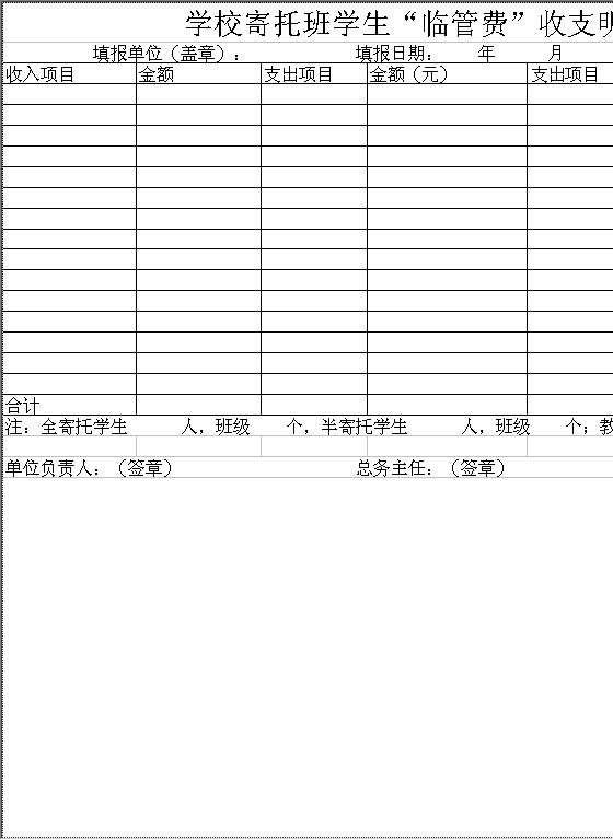学校寄托班学生临管费收支明细表Excel模板