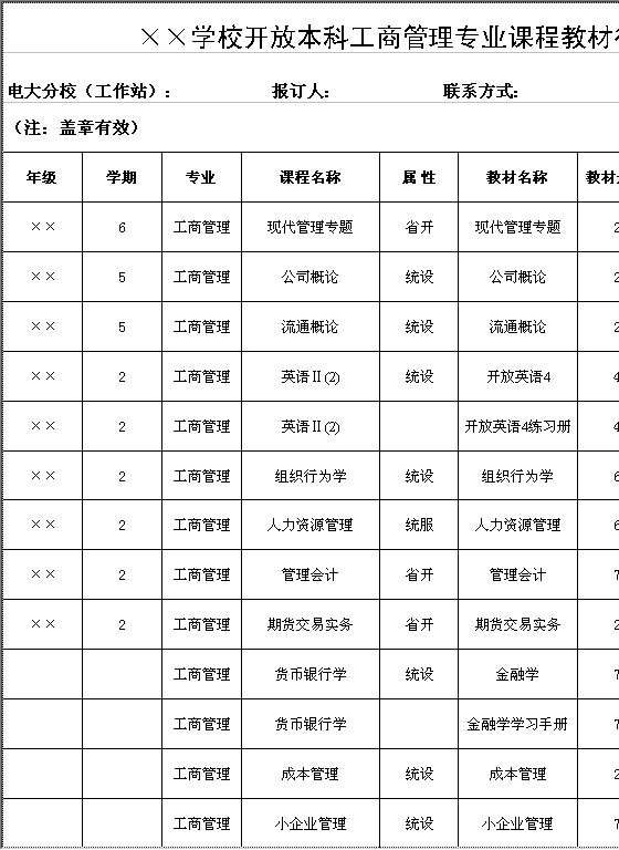 学校开放本科工商管理专业课程教材征订表Excel模板